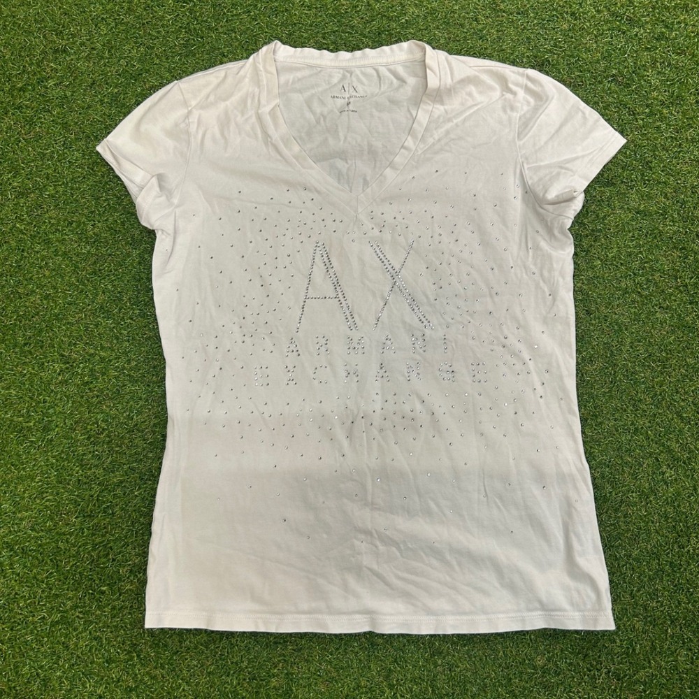 Armani Exchange Womens White Rhinestone Logo V-Neck Short Sleeve T-Shirt Size M